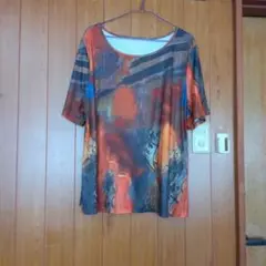 オレンジ系抽象デザイン半袖トップス5XL