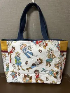 ハンドメイド　ロラライハリス　　　サイドポケット付きトートバッグ