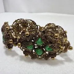 ヴィンテージ ゴールドカラー 緑石 ブレスレット 線細工