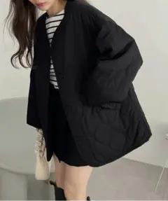 and Мe　ノーカラーキルティングジャケット