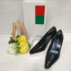 ほぼ未使用 銀座かねまつ スクエアトゥ 本革 レザー パンプス 黒 23.5cm