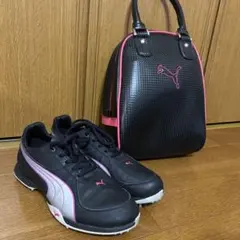 PUMA ゴルフシューズ 黒/ピンク＆ゴルフシューズバッグセット