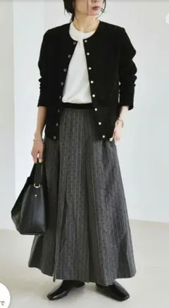 SHIPSシップス洗えるブロッキードットストライプフレアスカートロングスカート