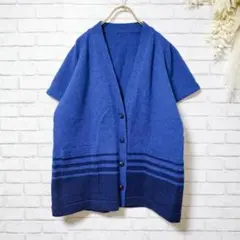【美品】ニットカーディガン 厚手 ニットシャツ Vネック ブルー トップス F