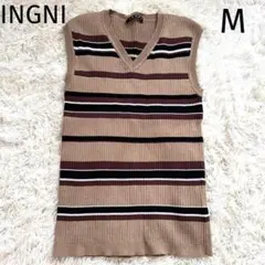 【イング】マルチボーダーフレンチスリーブ【M】トップス　ニットベスト　ベージュ