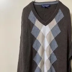 USA古着ブランド アーガイル柄　ブラウンのニット　セーター　メンズＬ