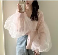 AMELY チュールボリュームスリーブニットカーディガン