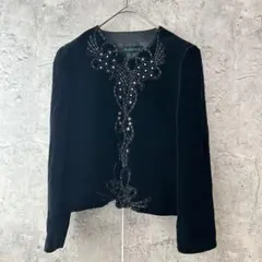 サンロンド　ベロア風　ジャケット　刺繍　ビジュー　キラキラ　L 黒　長袖　秋　冬