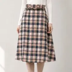 美品 チェック柄 フレアスカート プリーツ ピンク系 ナチュラル きれいめ