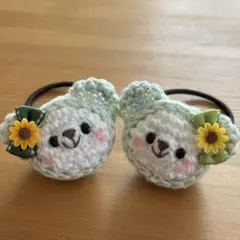 あみぐるみヘアゴム♡向日葵リボンのミントグリーンずきんくまちゃん♡ハンドメイド