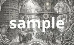 ファンタジー精密鉛筆画 『洞窟書庫と時計塔の世界』 A4プリント　あさのそら作