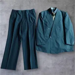 【美品】vintage ダブル　セットアップスーツ ウール　黒　ストライプ XL