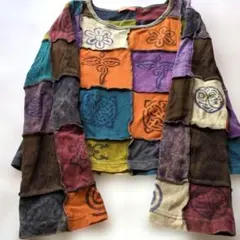 エスニックファッション:マルチカラー パッチワーク 長袖Tシャツ