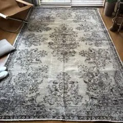 超大判173×272 クリーム×ブルーグレイ×ブラウン　トルコヴィンテージラグ