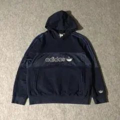 adidas プルオーバーパーカー フーディー ネイビー 綿 L メンズ 短丈