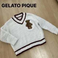 ジェラートピケ　クマ刺繍Vネック　ルームウェア　ホワイト/えんじモコモコ　フリー