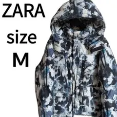 ZARA 総柄 アートプリント パフジャケット ダウンジャケットM フード付き