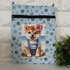 [357]サマービーチ 柴犬ちゃん♡ファスナー付きサコッシュ・合皮持ち手付き