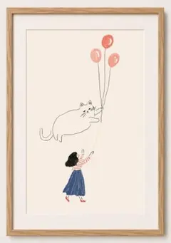 ＜風船で飛ぶ猫と女の子＞ 現代アート