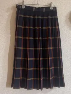 ネイビーオレンジチェックプリーツスカート　レトロ　古着