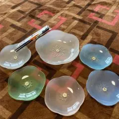 レトロ　手作り　ガラス　皿　未使用　６枚　セット　お箸つき