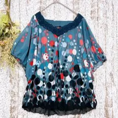 美品✨エムブライトン　半袖ブラウス(M〜L)グレーシースルーメッシュa1467m