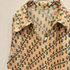 【ヴィンテージ風】幾何学模様 総柄ワンピース レトロモダン 襟付き 半袖 古着