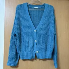 青い編み込みデザインのカーディガン XL