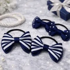 ストライプリボン　ヘアゴム　ネイビー　卒園　入園　発表