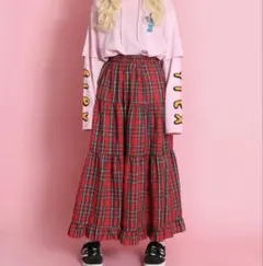 PUNYUS タータンチェックティアードロングスカート レッド サイズ2 XL
