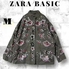 ZARA BASIC 刺繍ミリタリージャケット M 個性的 花柄 カーキ ザラ