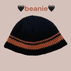 ビーニー 帽子 バケットハット 黒とオレンジ ハンドメイド クラッシャーハット