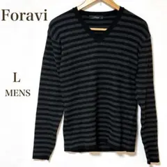 【Foravi 】ニット　ボーダー　Vネック メンズ　セーター　カジュアル　黒