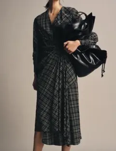 ZARA チェック柄 ドレープロングワンピース 長袖 XS