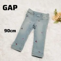S003 GAP【ギャップ】花柄刺繍デニムパンツ 90cm ゴム 綿 かわいい