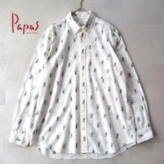 Papas パパス メンズ リネンシャツ 麻100% ヤシの木刺繍 長袖 白