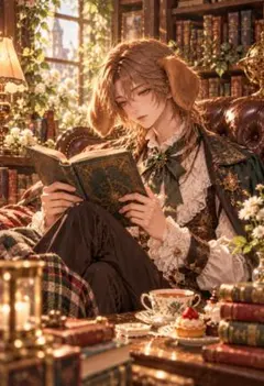 犬耳　男子　イケメン　男性イラスト　書斎　幻想アート　デジタル　AI　F261