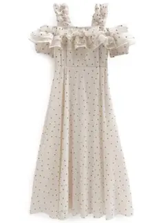 ドット柄フリルオフショルダーフレアロングワンピース[ru1165]