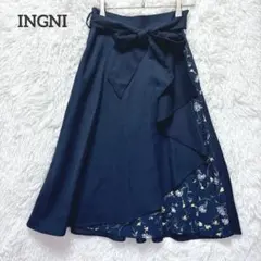 イング　フレアスカート　ネイビー M リボン付き　花柄　フリル　可愛い　春服