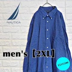 y199【NAUTICA】刺繍ロゴ長袖ボタンシャツ【メンズ2XL】チェック柄