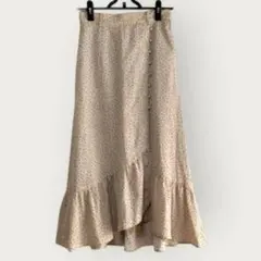 【美品】ドット柄マーメイドスカート ベージュロン グフリル上品韓国風大人可愛いＦ