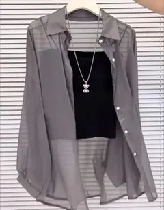 シアーシャツ 長袖 シースルー　夏服　グレー　トップスのサムネイル