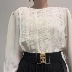 花柄 刺繍 レース ノーカラー レトロブラウス クリームイエロー 古着 春物