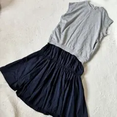アダムエロペ　グレー　ネイビー ドッキング　ワンピース 半袖　異素材