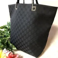 GUCCI グッチ　トートバッグ　GGキャンバス　ブラック　レザー　肩掛け　A4