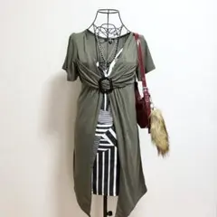 Y2K 平成ギャル　オリーブ色 半袖ミニワンピース ストライプ　Ｖネック