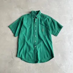 90s CHAPS RL 半袖コットンシャツ BD グリーン ロゴ刺繍 M