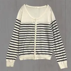 レトロガール　ボーダーニットカーディガン　白　薄手　L