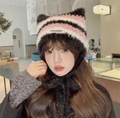 shein 猫耳 ビーニー帽子 ピンク×黒