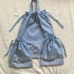 小花柄フリルレッスンバッグ　くすみブルー　両面フリル　ハンドメイド